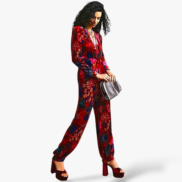 FARM Rio Pants - Farm Rio floral multicolour velvet boho hippie jumpsuit W S NWT